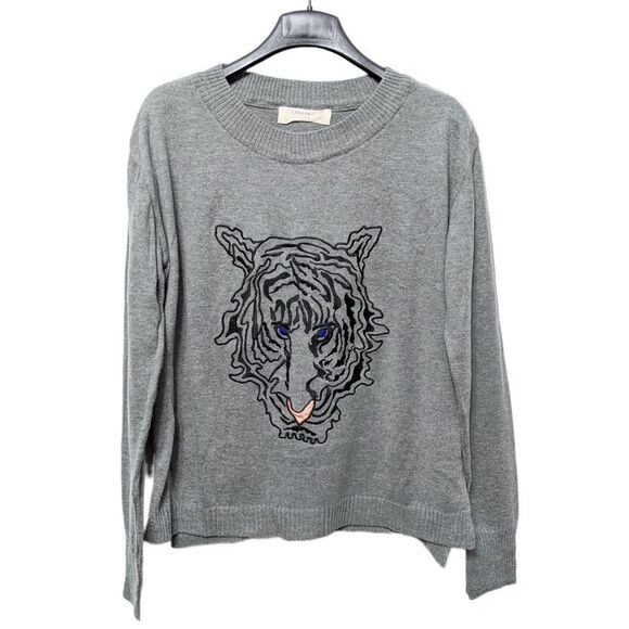 ZARA Knit Embroidered Tiger Crew Neck Sweater L - Picture 1 of 7